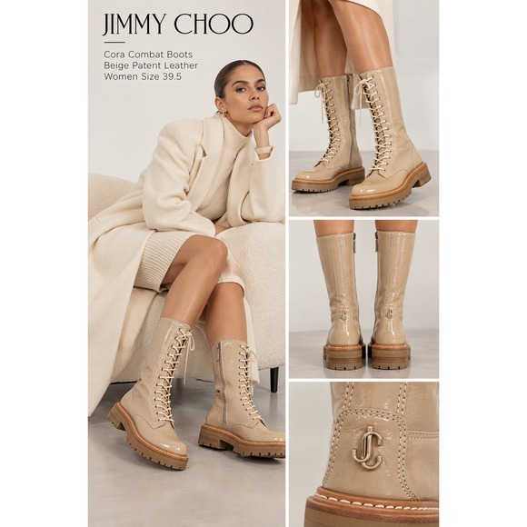 Jimmy Choo Shoes - Jimmy‎ Choo Cora Combat Boots 39.5 Beige Patent Leather Lug Sole Luxury Designer